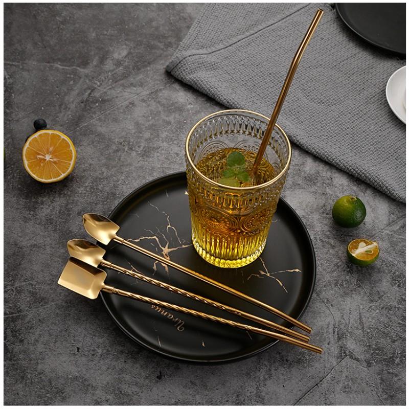 Creative 304 Iron Shovel Straw Spoon Combo, Two-In-One Drink Stirrer, Juice Tea Coffee Mixer, Watermelon Scoop Spatula, Stirring