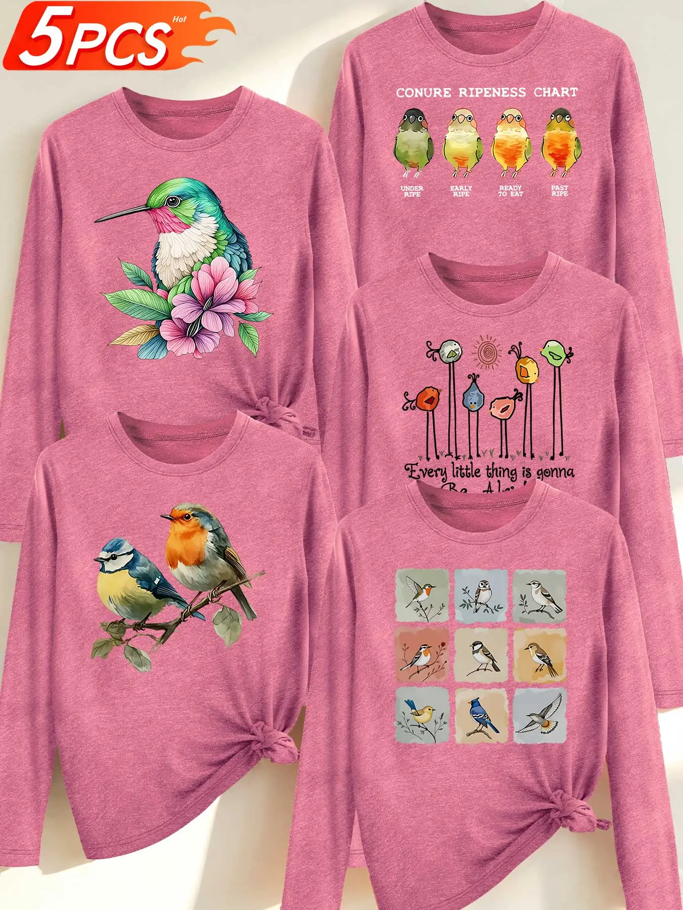 5Pcs Plus Size Women's Crew Neck Long Sleeve T‑Shirts, Cute Bird Parrot Art Print, Patterns As Pictures Show, Multiple Colors, Machine Washable, Spring Summer Tops, Soft Skin‑Friendly Fabric, Daily Wear, Fashion Design