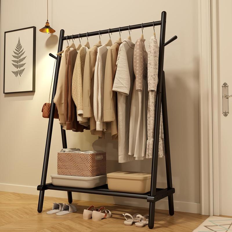 Solid Wood Clothes Rack, Clothing Rack with Shelf and Hook, Sturdy and Portable, Garment Rack for Hanging Clothes,Coats,Skirts,Shoes,Bags,Easy to Assemble (Walnut)