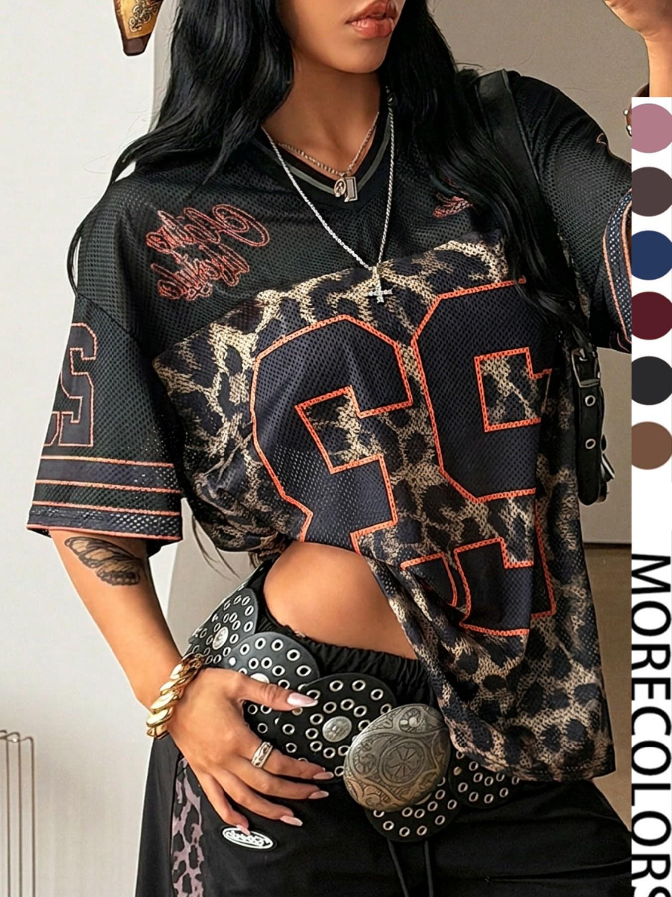 Y2K Retro Style Peregrinate 23 Leopard Print Jersey Top, Loose Fitted V-Neck Sport Tee, Hip-Hop Athletic Fashion Streetwear for All Seasons