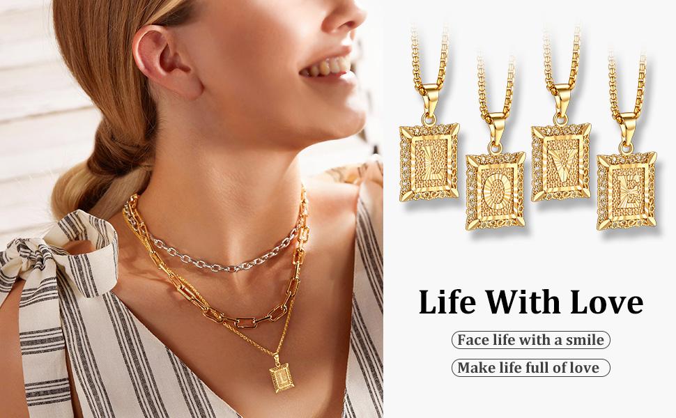 FindChic Initial Tag Necklace A-Z 26 Letters Name Pendant Necklace Double Chain Set Stainless Steel Chain Stack Vintage Chain Unisex for Women Men