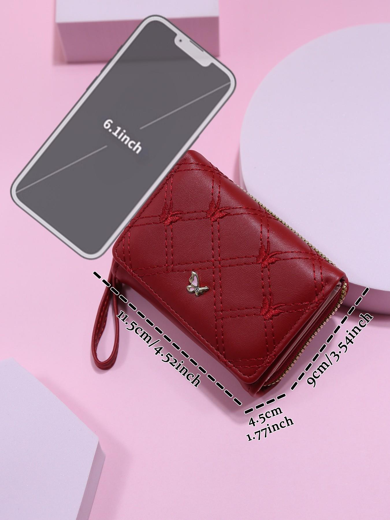 Trendy Mini Soft Leather Wallet for Women, Diamond Pattern Butterfly Metal Decoration, Multi-Card Slot ID Holder Handbag Portable Coin Purse