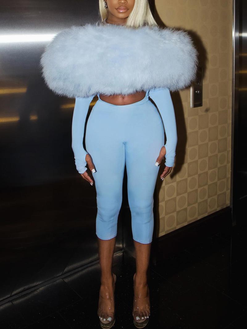 Women's Fall Fashion Streetwear Plush Patchwork Bodycon Crop Jumpsuit, Trendy Casual One-Piece for Daily Wear