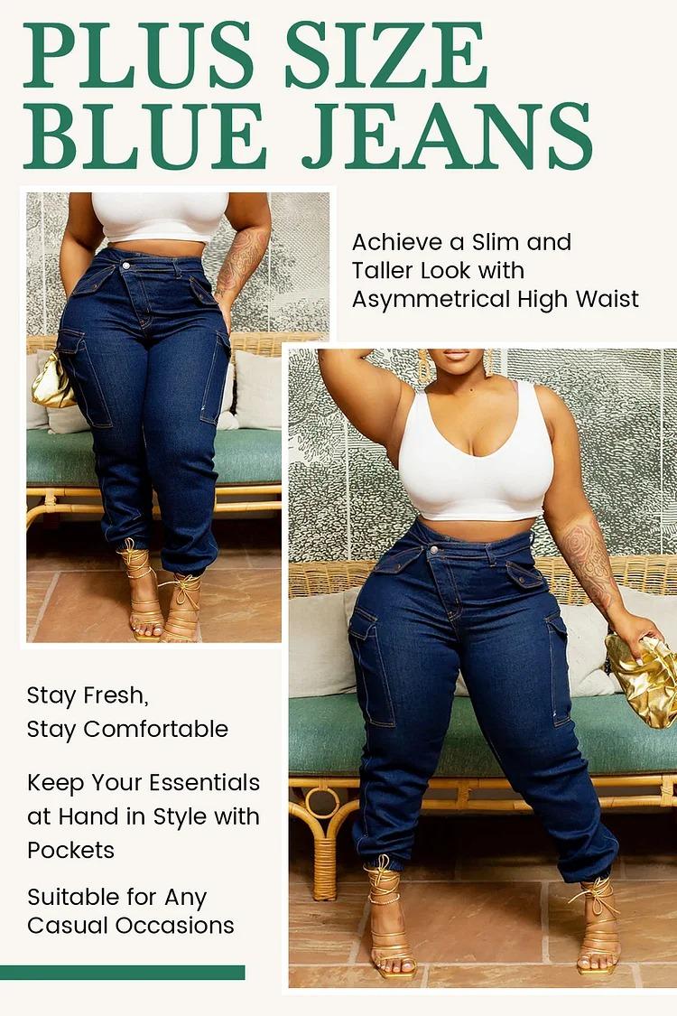 Xpluswear Plus Size High Waisted Asymmetric Denim Jeans with Pockets, Fashionable Below the Ankle Denim for Women, Spring Summer Autumn Winter Wear