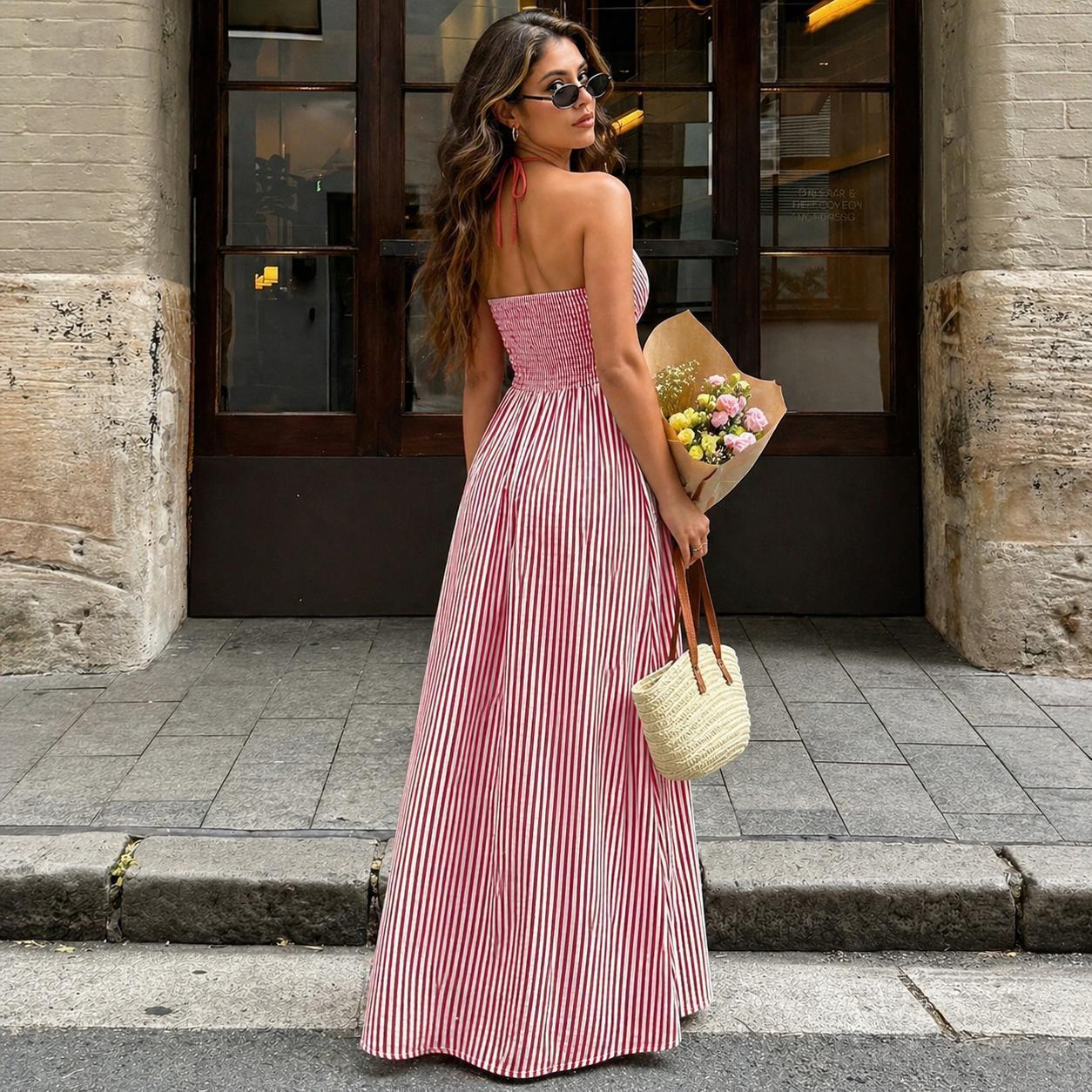 Womens Stripe Halter Dress French Vacation Style Deep V Neck Waist Cinch Color Block Floor Length Beach Skirt Casual Flowy Holiday Sundress Vacation Outfit for Womens Spring Summer