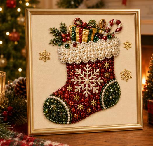 Frameless 3D Beaded Bedazzled Kit, Xmas Theme Pearl Diamond Painting, Wreath Stocking Mosaic Art, Stress Relief DIY Indoor Recreation Home Wall Decoration