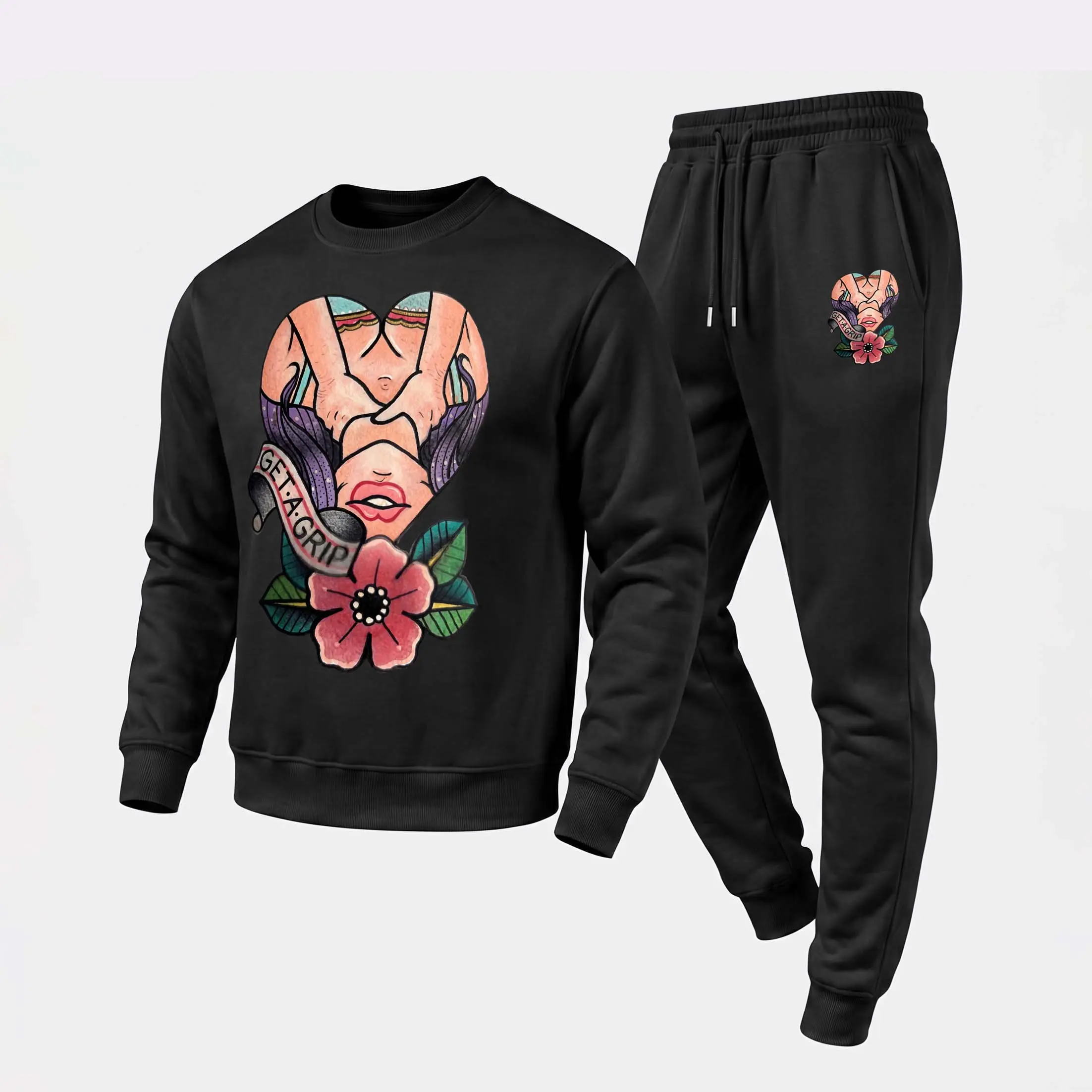 Men's Get a Grip” Graphic Crewneck Sweatshirt and Jogger Pants Set, Casual Long Sleeve Pullover with Drawstring Sweatpants, Fall Winter Tracksuit for Daily Wear, Travel, Lounge, Workout and Indoor Outdoor Activities