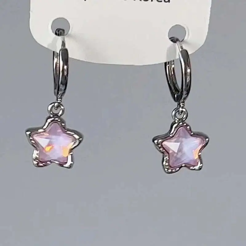 Kpop Y2K Pink Moonlight Stone Star Pendant Earrings For Women Egirl Fashion Sweet Crystal Star Ear Buckle Jewelry Accessories