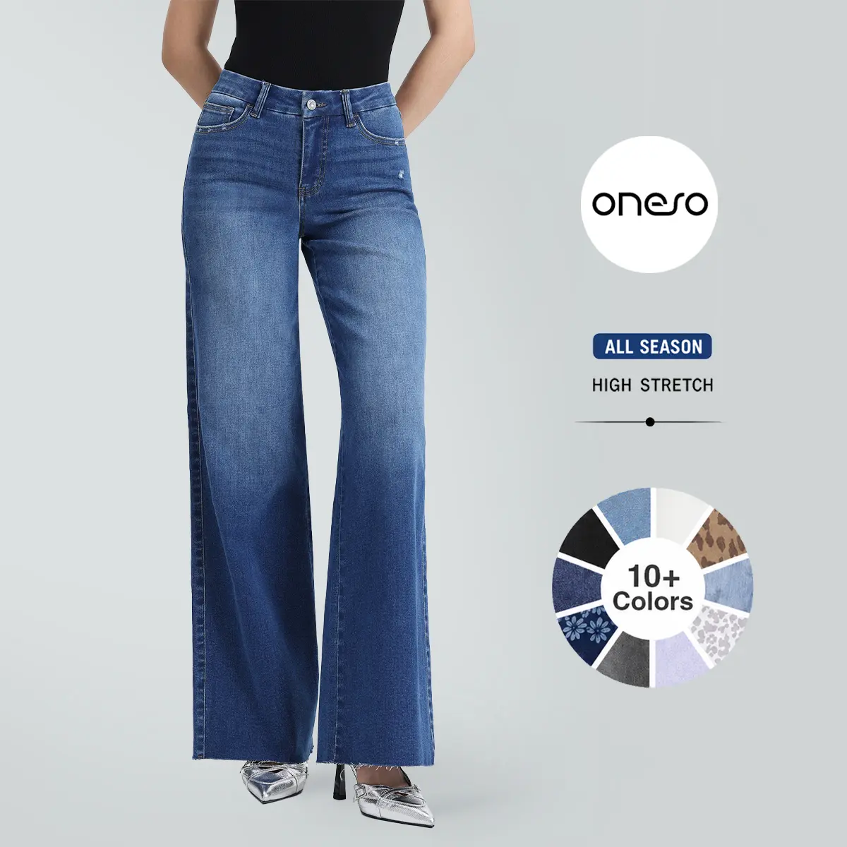 Women's Magic ONESO BBL Jeans 8001, Mid-Low Rise Stretchy Wide Leg Baggy Distressed Denim Bottoms, Tummy Control Curve Hugging, Casual Pockets, Plus & Regular Sizes, Bottom