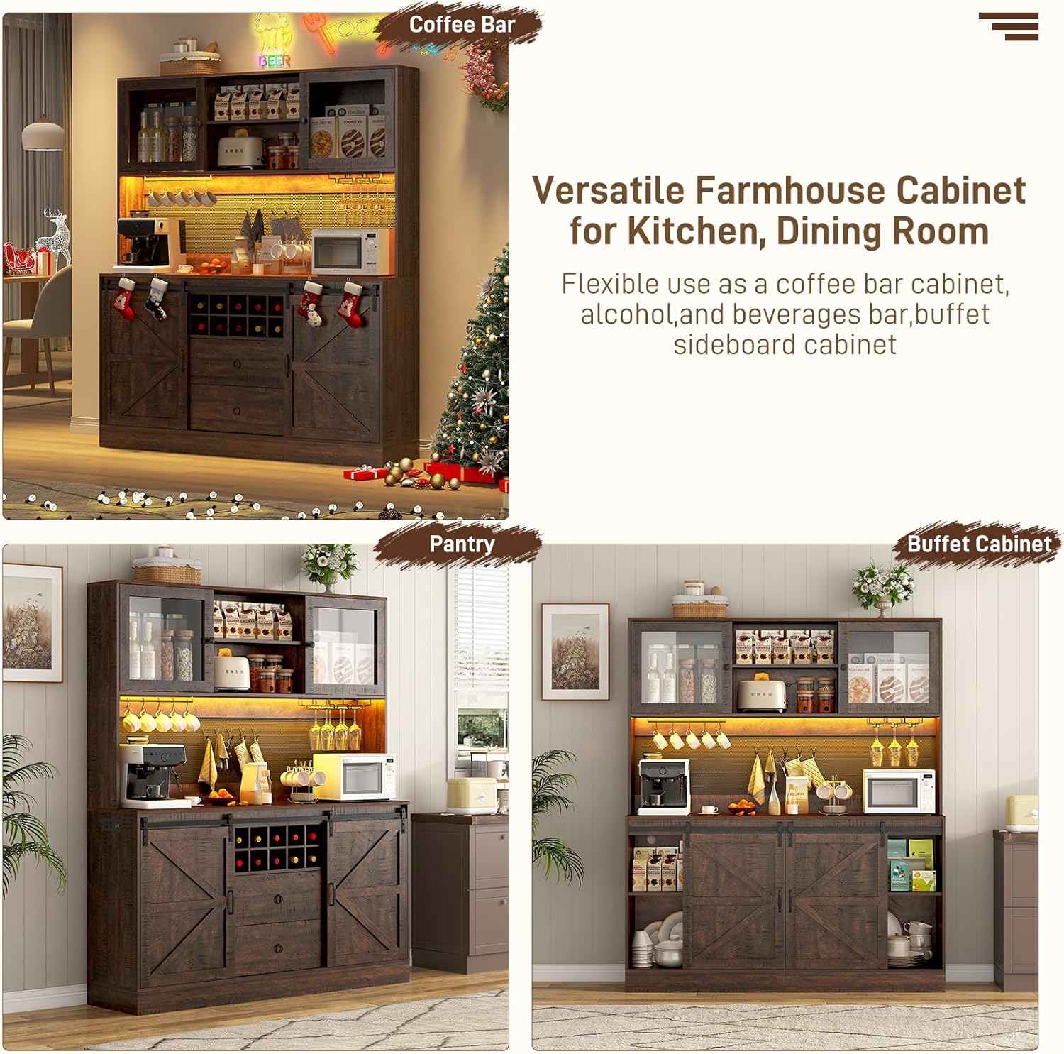 74" Farmhouse Kitchen Pantry Storage Cabinet with LED Light & Charging Station, 63" W Coffee Bar Cabinet Kitchen Cupboard with Hutch and Sliding Barn Doors, Pegboard