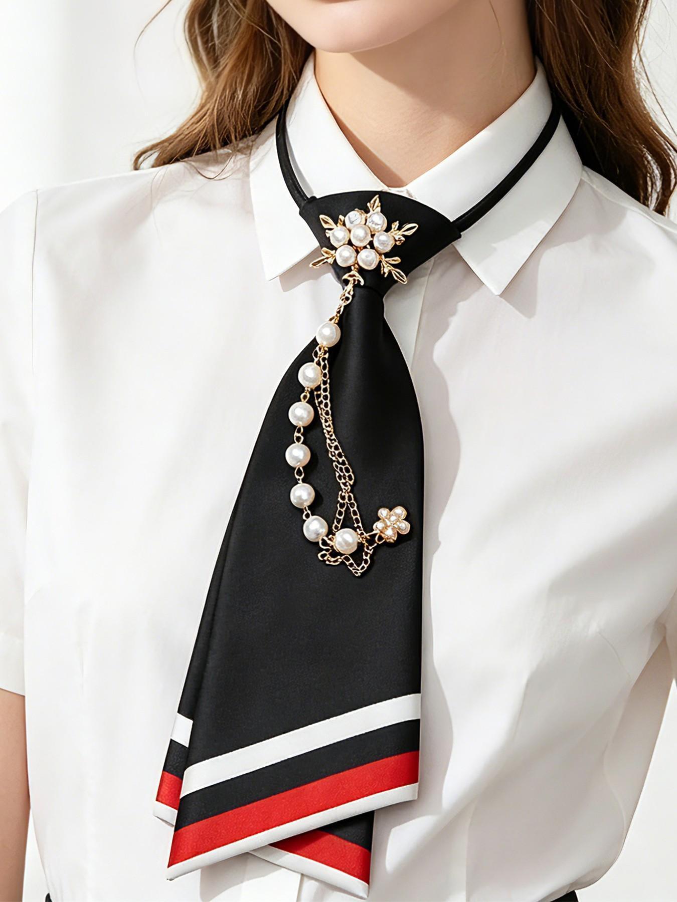 Pre-Tied Casual Elegant Tie - Smooth Satin Necktie with Imitation Pearl & Metal Accents, School Uniform & Classic Shirt Match, Ideal for Graduation & Formal Occasions