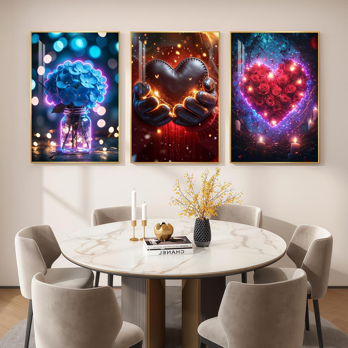 3 Counts Aluminum Alloy Framed Painting, Romantic Roses Hearts And Flowers Pictures, Home Decoration For Living Room, Bedroom, Office, Restaurant, Hallway Wall Decor, Odorless Print Artwork, Luxury Perfect Gift For Friends And Family
