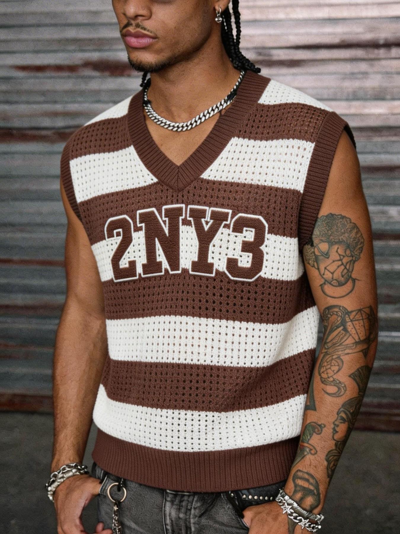 Men's 2NY3 Striped Hollow Out Knitted Vest | V-Neck Streetwear Sleeveless Top Menswear