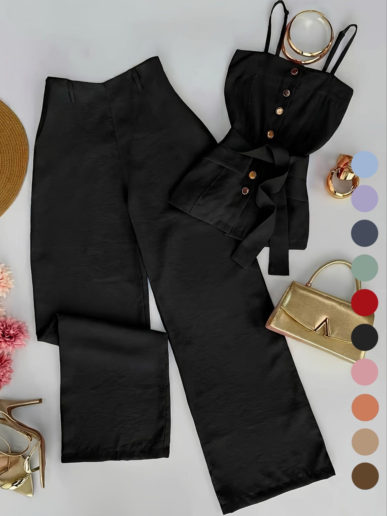 New Women's Solid Color Strappy Top & Long Pants Two-Piece Set, Versatile Casual Wear, Comfortable and Stylish, Perfect for Daily Use