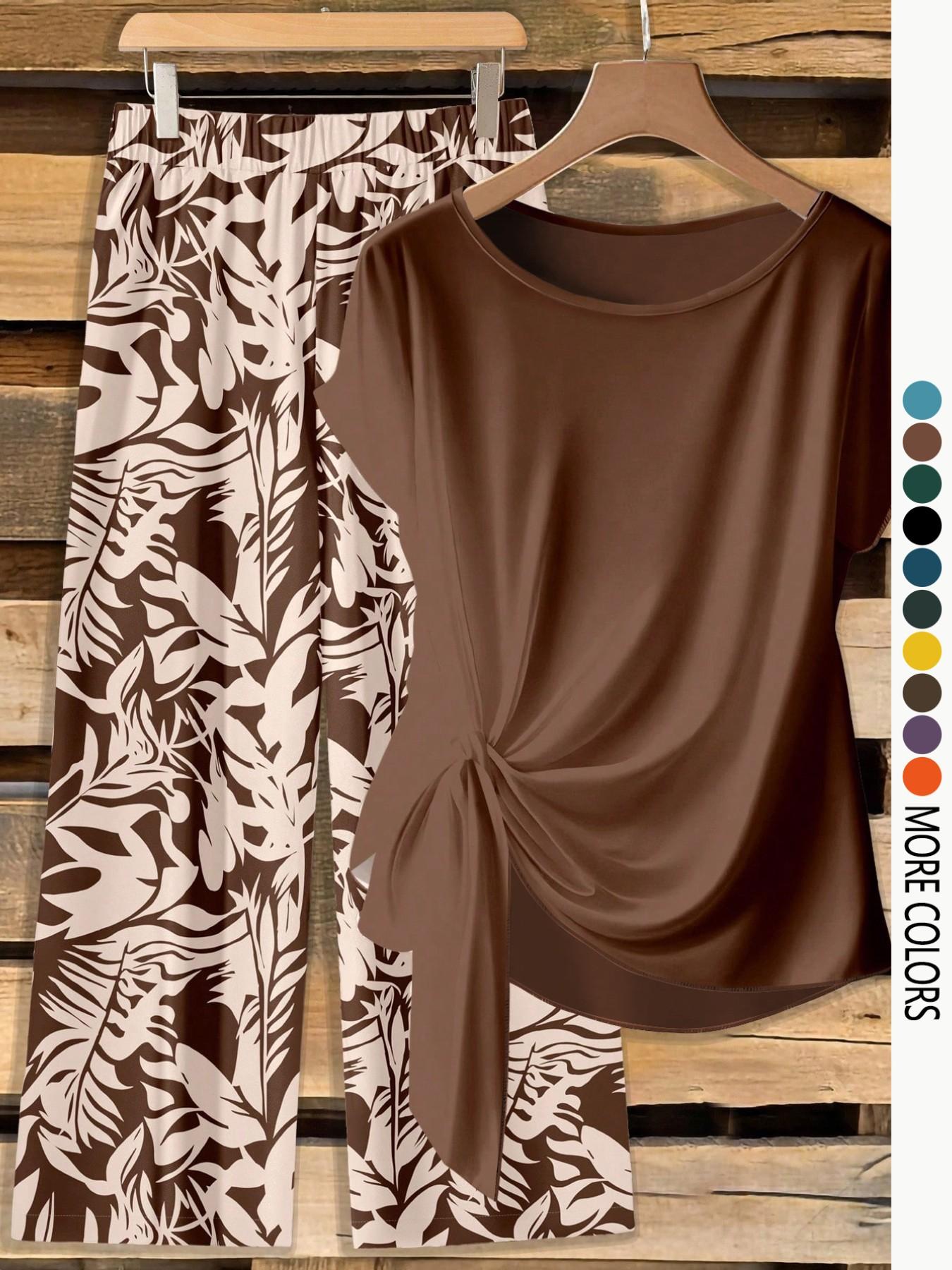 Women's Casual Printed Necktie Shirt and Loose Straight Pants Set, Perfect for Spring and Summer, Comfortable Two-Piece