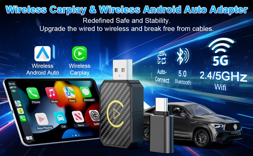 Mini Wireless CarPlay & Android Auto Adapter - Stable Fast Connection for iPhone/Android - Convert Factory Wired to Wireless for Cars 2016+