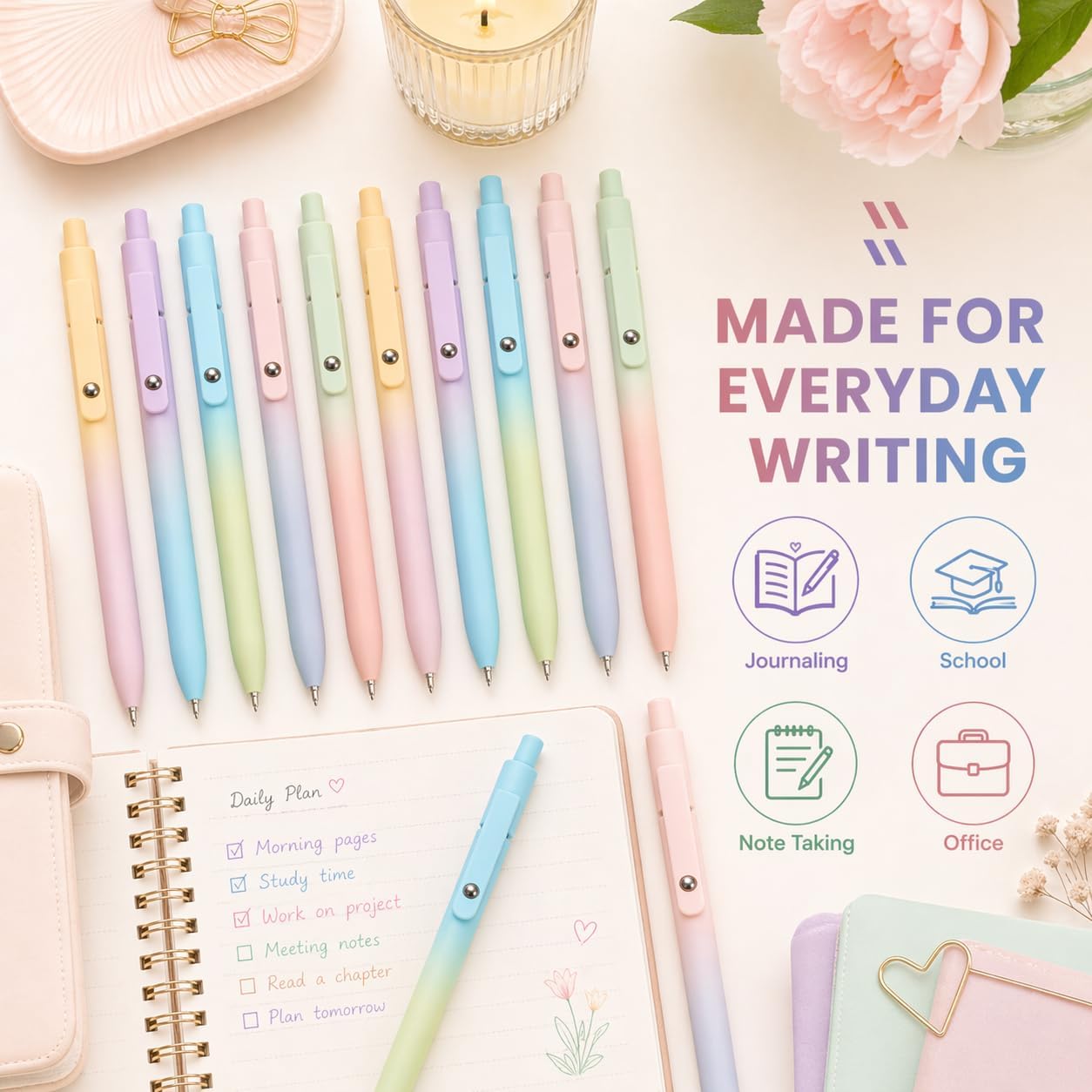 10 count Colored Gel Ink Pens Gradient - Office Journaling School Supplies Colorful Retractable Ink Fine Point Pens with Gradient Barrel, Cute Pastel Aesthetic Smooth Writing Pen for Women Gifts