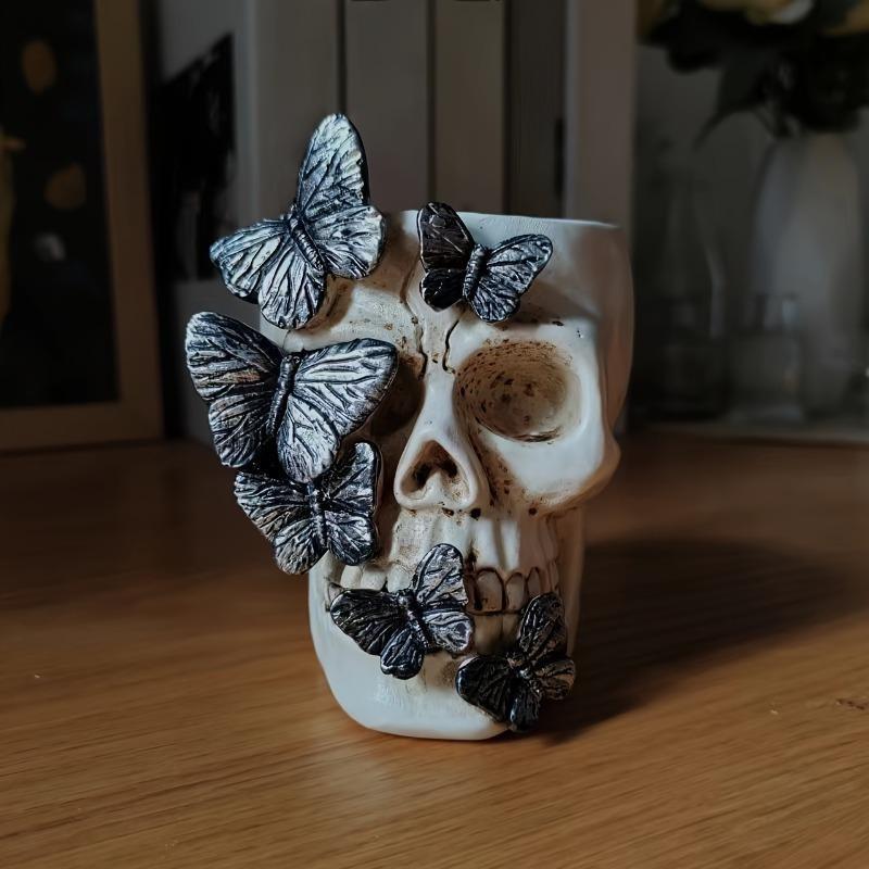 Halloween Butterfly Skull Pen Holder, Creative Resin Craft, Unique Desktop Decoration, Halloween Home Office Accessory, Perfect Gift, Pen Cup
