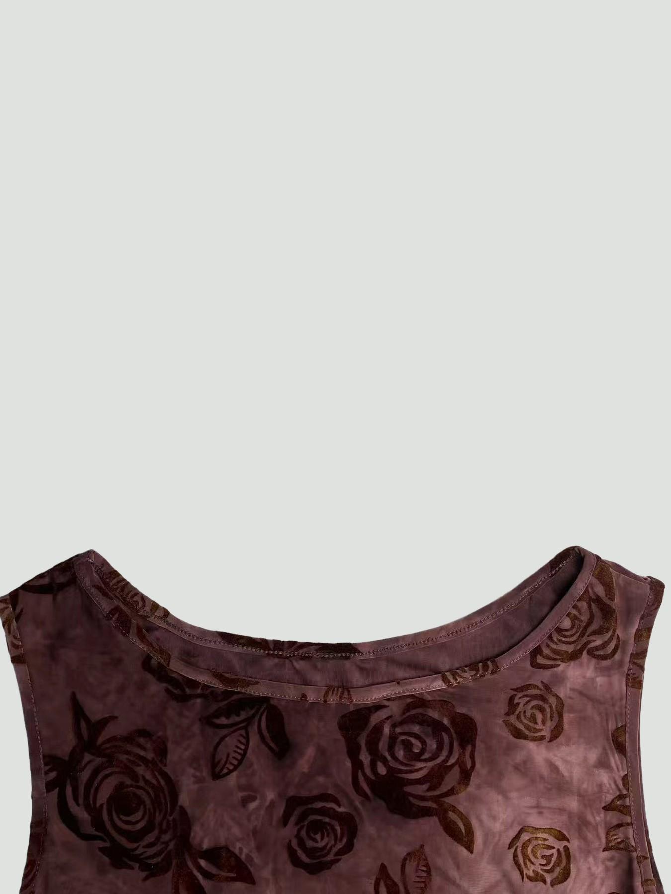 Vintage Rose Print Floral Velvet Mini Dress - Sleeveless Boat Neck Bodycon Dress Casual Evening Party Outfits Elegance Lady Womenswear Feminine