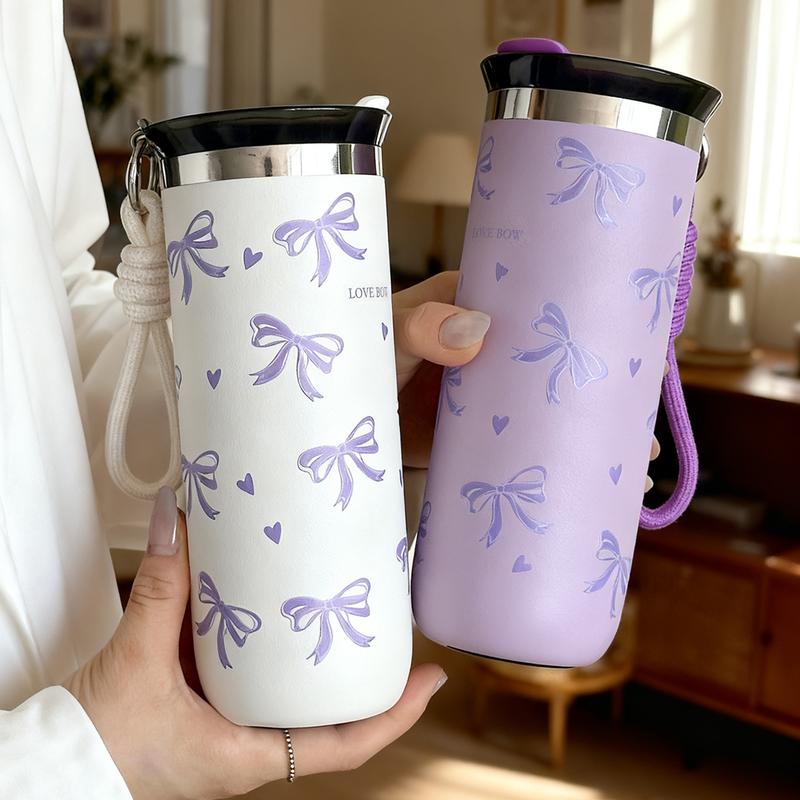 500ML Double-Layer Stainless Steel Insulated Travel Mug with Bow Pattern, Perfect Travel Cup for Home Office School & Car, Great Gift for Christmas Mother's Day Valentine's Day, Insulated Tumbler