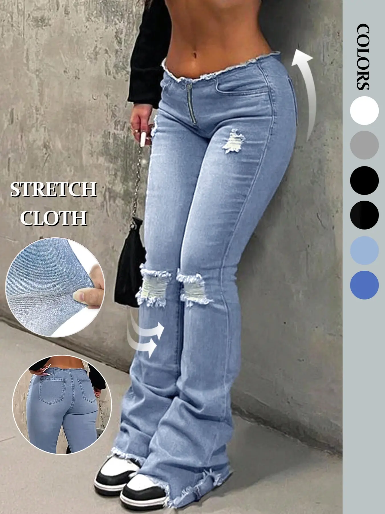NVFelix Ripped Bell Bottom Flare Jeans Pants Women Casual Everyday Low Rise Destroyed Hem Denim for Boho Festival Concert Streetwear