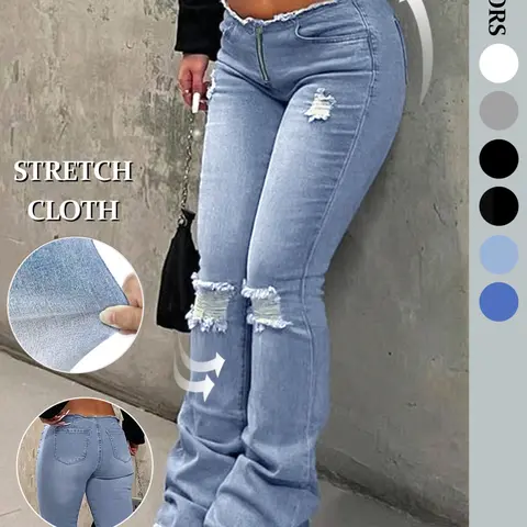 NVFelix Ripped Bell Bottom Flare Pants Women Casual Everyday Low Rise Destroyed Hem Denim Fashion Ripped Jeans for Boho Festival Concert Streetwear