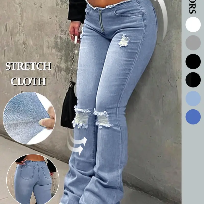 NVFelix Ripped Bell Bottom Flare Pants Women Casual Everyday Low Rise Destroyed Hem Denim Fashion Ripped Jeans for Boho Festival Concert Streetwear