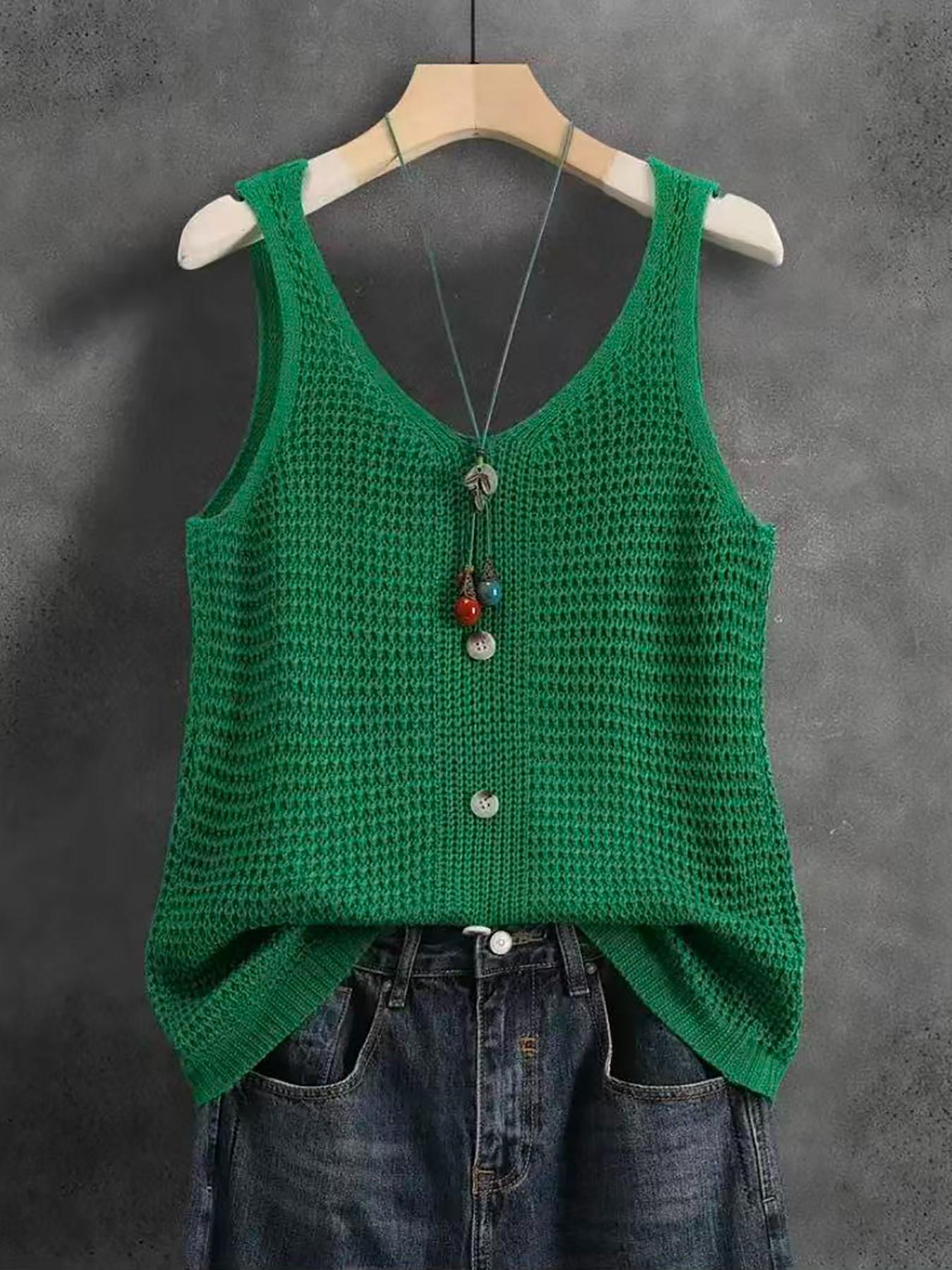 Women's Sleeveless V-Neck Knit Top, Summer Outerwear, Slimming Comfortable Loose Fit, Elegant Casual Design, Breathable Mesh Vest