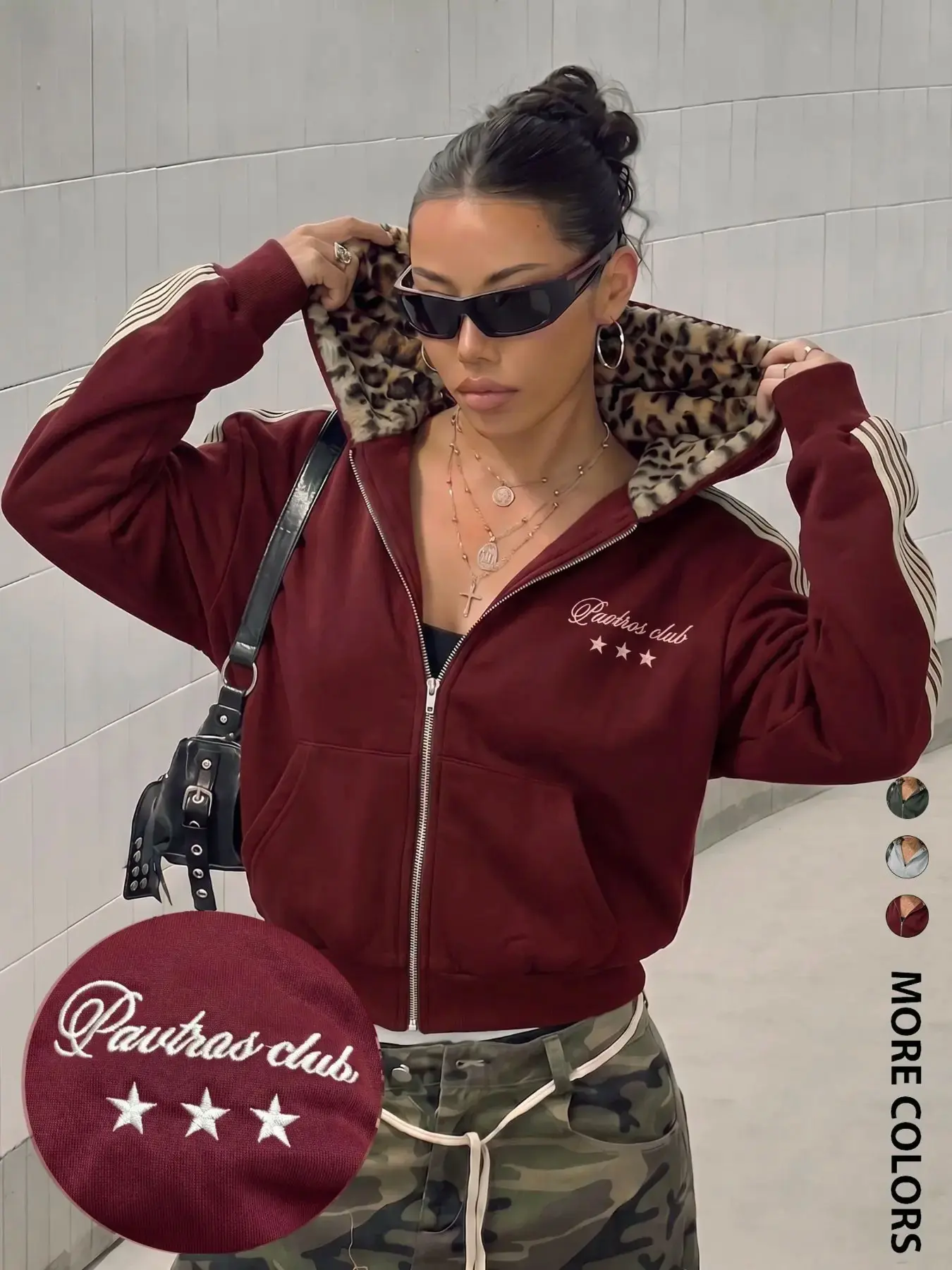 Women Y2K Hot Girl Zip Up Hooded Casual Jacket Burgundy Leopard Print Lining Chest Script & 3 Stars Embroidery Cropped Street Single Top