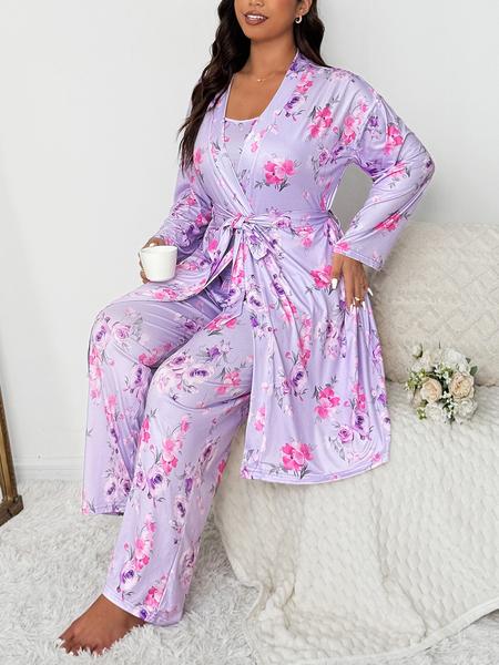 【Plus Size】 Floral Print Lounge Robe & Cami Top & Pants Pyjama Set, Casual Comfy Loungewear Set for Women, Women's Sleepwear for Spring & Fall, Soft Pajamas