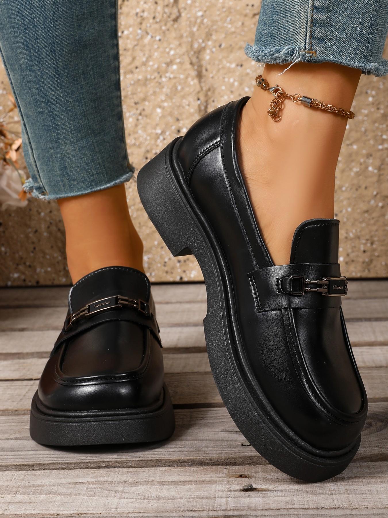 New Spring Fall Thick Sole Loafers Women, British Style Metal Buckle Platform Shoes, Height Boost Slim Fit Slip-On, Versatile Office Jk Uniform Shoes, Retro College Style