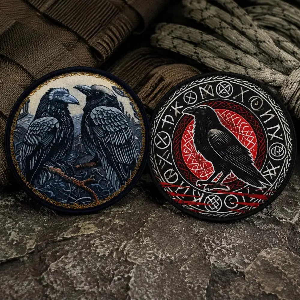 2PCS Viking Raven Printed Patch Norse Rune Tactical Morale Badge Hook and Loop Crow Patch for Backpack Vest Helmet Airsoft Gear