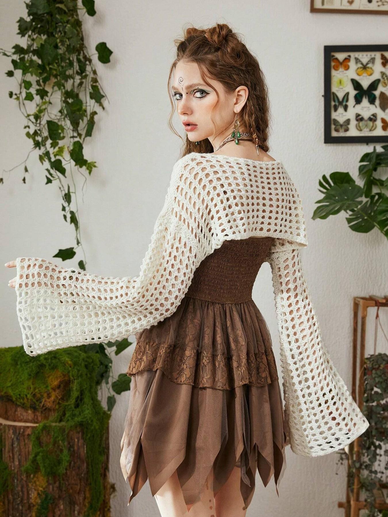 Summer Women's Hollow Knit Cropped Pullover Knitwear, Unique Street Style Long Sleeve Sun Protection Top, Elegant and Loose Casual Design