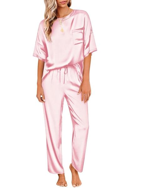 Women's Satin Silk Pajama Set, Short Sleeve Top & Long Pants, Soft Sleepwear for Women, Comfortable Loungewear for Home Use