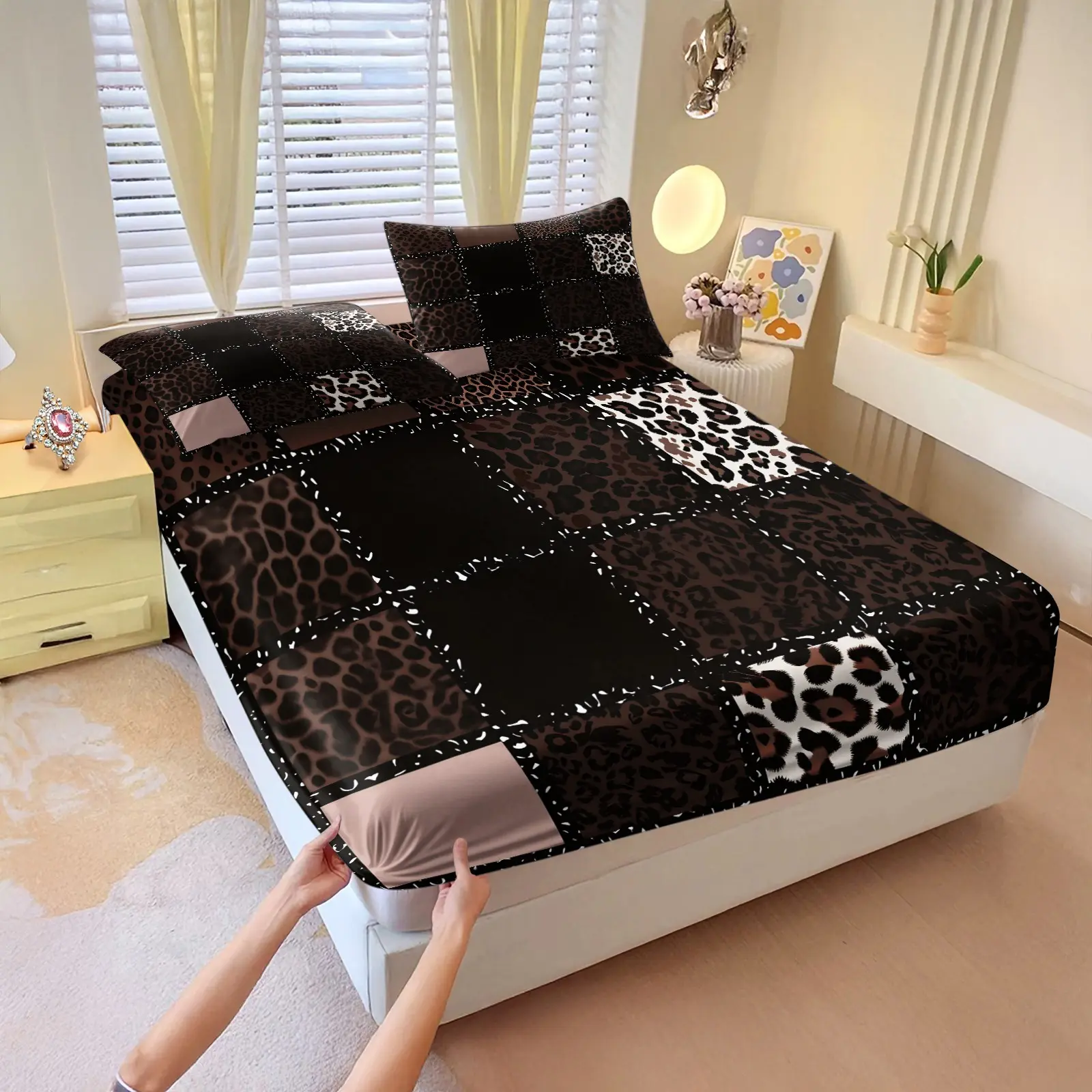 3Pcs Brown Leopard Patchwork Fitted Sheet Set, Coffee Brown Black Spliced Leopard Print Fitted Sheet with 2 Pillowcases, Soft Breathable All Round Elastic Fitted Sheet, Trendy Decor Bedding Set for Bedroom Dorm Home Decor Leopard Print Sheets