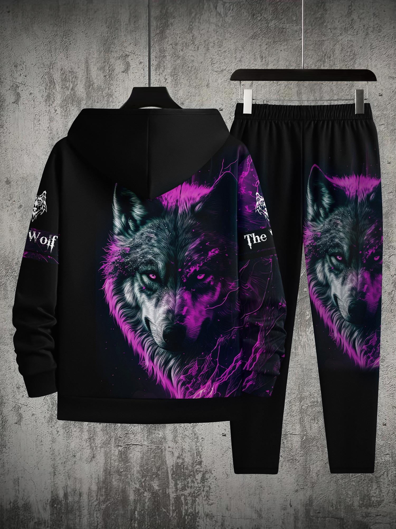 Men's Plus Size Hoodie and Sweatpants Set, 3D Wolf Pattern, Casual ...