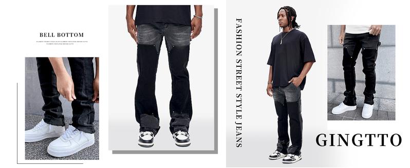 GINGTTO Men's Stacked Flared Jeans Relaxed Bootcut Patchwork Streetwear Straight Leg Stretch Denim Pants