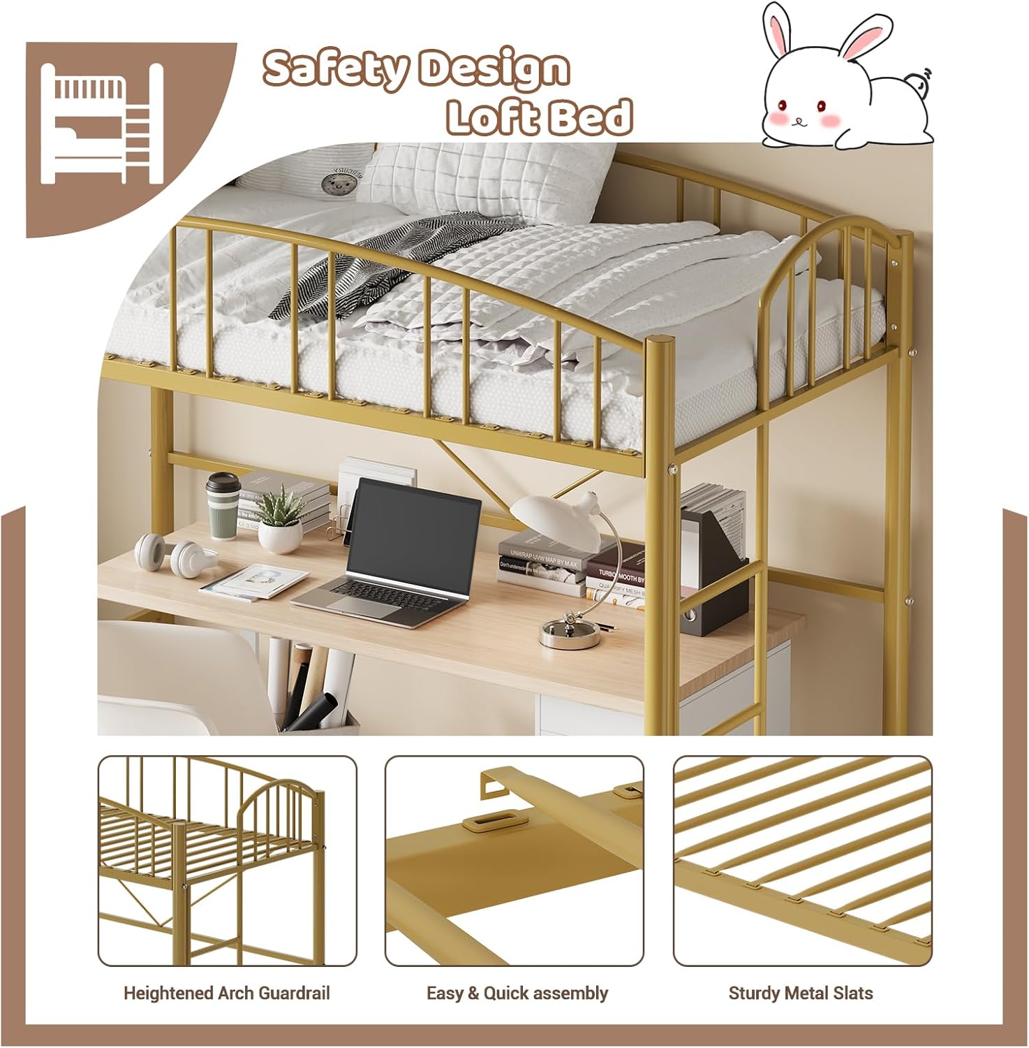 Loft Bed Twin Size, Heavy Duty Metal Loft Bed Frame with Arched Guardrail and Safety Ladder, Space-Saving, No Box Spring Needed Loft Bed Twin Size, Heavy Duty Metal Loft Bed Frame with Arched Guardrail and Safety Ladder, Space-Saving, No Box Spring Needed