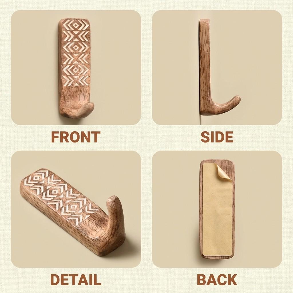 Boho Hand Carved Wooden Wall Hooks, 3 Pack Rustic Geometric Pattern, Wall Mounted Hooks for Coats, Bags, Towels, Keys