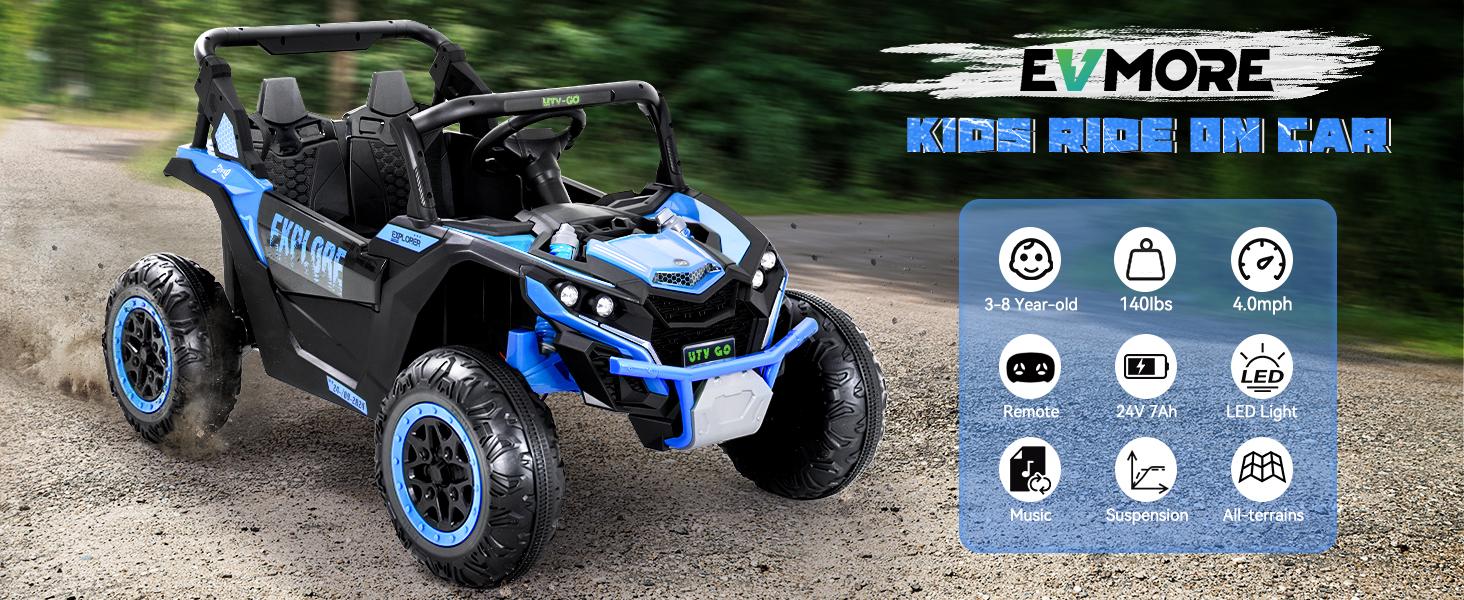 EM-KC03）2 Seater Kids Ride on Car, Electric 4WD Off-Road UTV Truck, 7Ah Large Battery Kids Electric Car with Remote Control, Safety Belt, Horn, Music, and Lights for Kids Aged 3-8 Years Blue