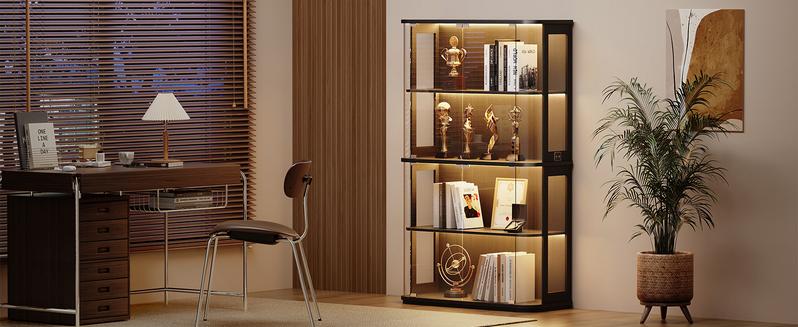 BROTTAR Large Display Cabinet with Glass Door, 4-Tier Curio Cabinet with 3 Color Lights for Collectibles, Glass Display Case with Transparent Full-Display Surface, Human Body Sensor, Black/White
