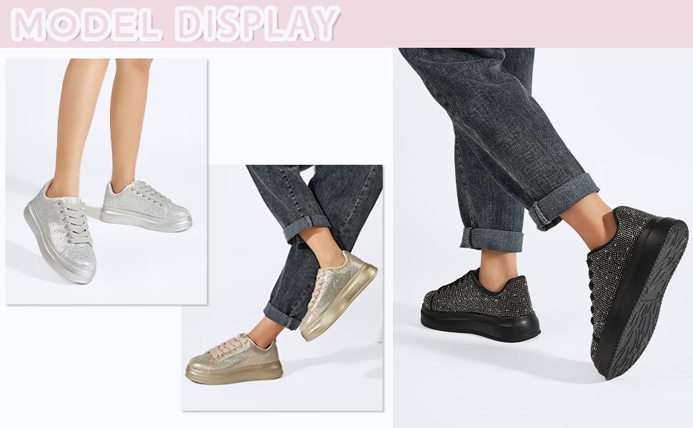 LUCKY STEP Rhinestone Sneakers for Women Platform Sparkly Glitter Bling Tennis Shoes Fashion Bedazzled Wedding Bridal Party Walking Sneakers