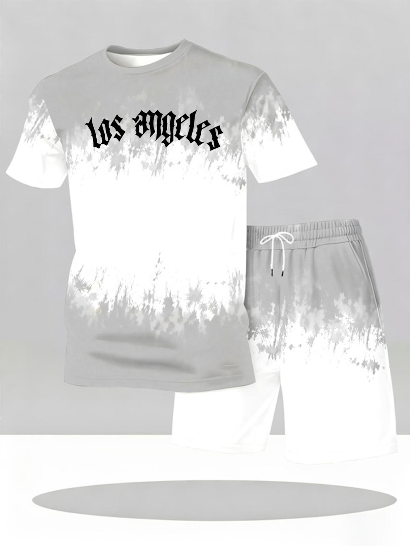 Loose short sleeved Top and shorts set, city English gradient print two-piece set, trendy daily outfit Fashion