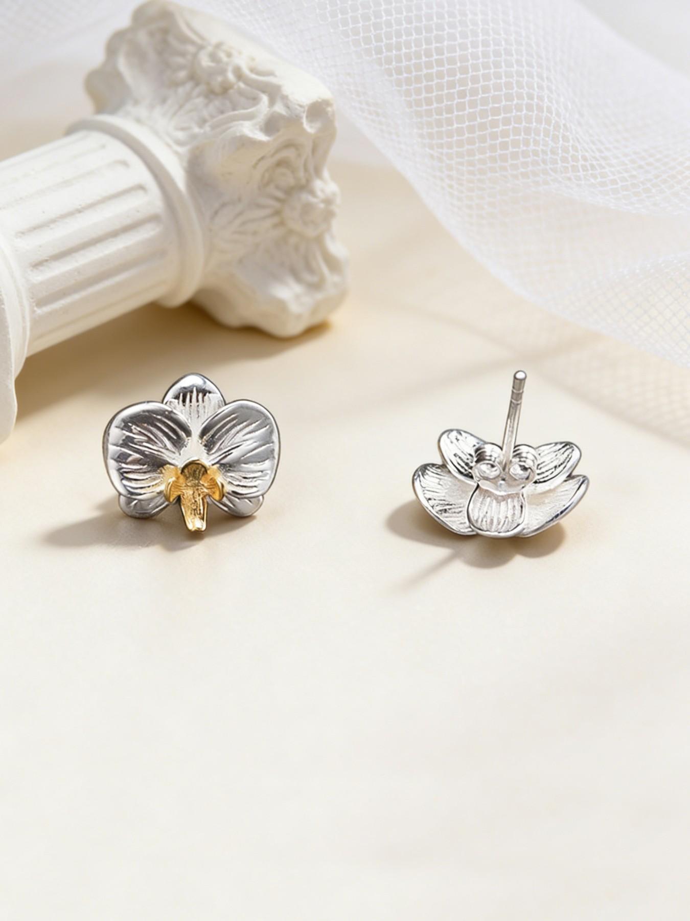 New Traditional Orchid Earrings, Literary Cold Sensation 3D Floral Design, S925 Silver Color Flower Ear Jewelry, Includes Elegant Gift Box
