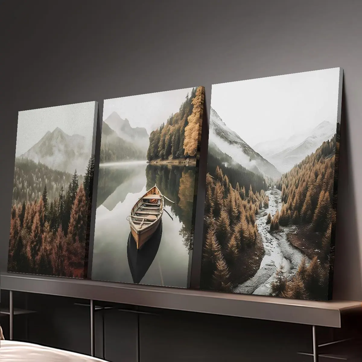 Triptych Landscape Painting (ship And Mountain Scene) 3-Piece Canvas Wall Art - Framed, Ready To Hang - For Living Room Office - Perfect Gift For Housewarming Christmas New Year - Wall Decor, Home Decoration