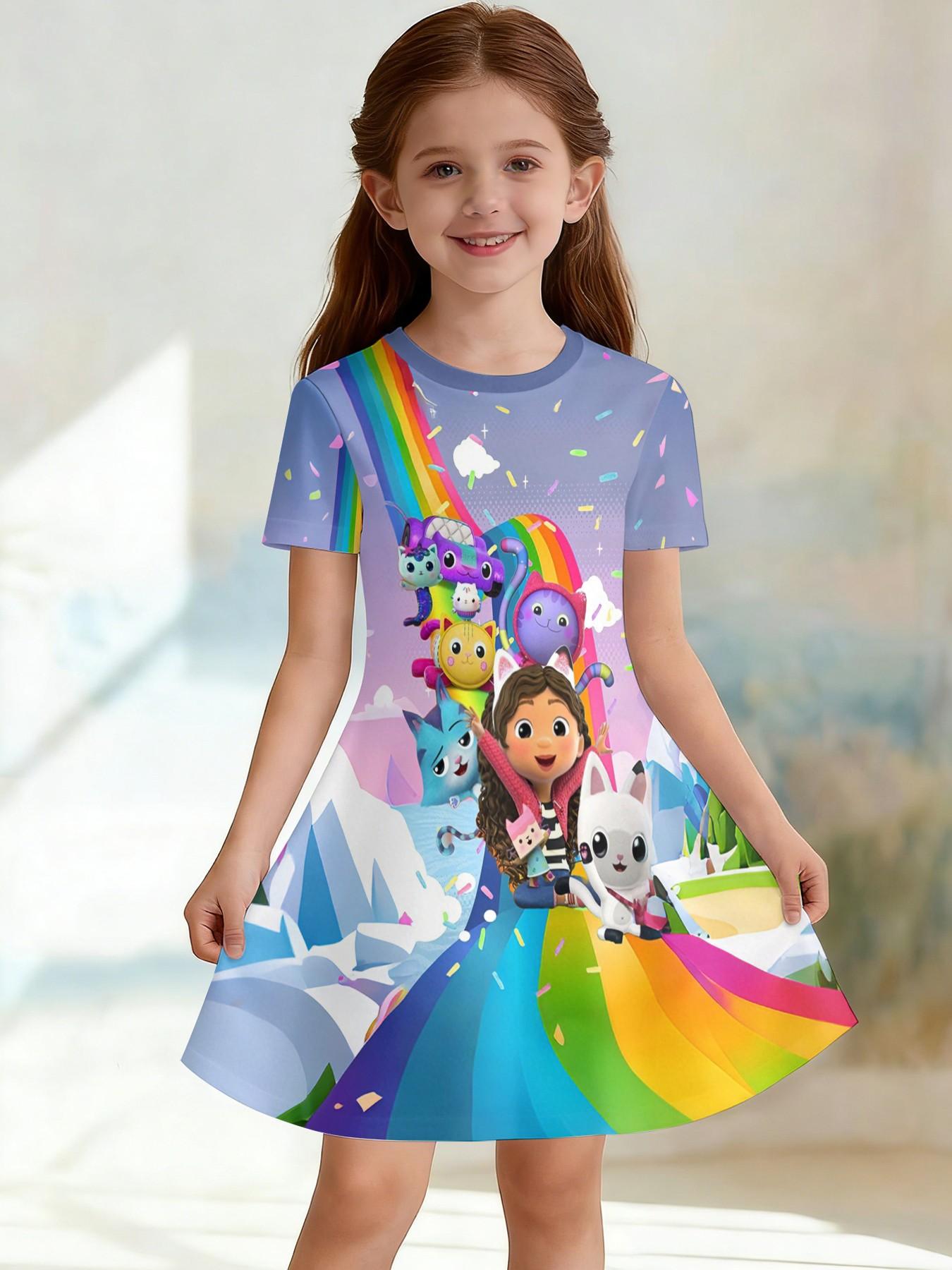 Girls' Gabby Doll House Ice Rainbow A-Line Dress, Cute Cartoon Short Sleeve Dress, Fashion Outdoor Wear, Birthday Gift, Holiday Gift