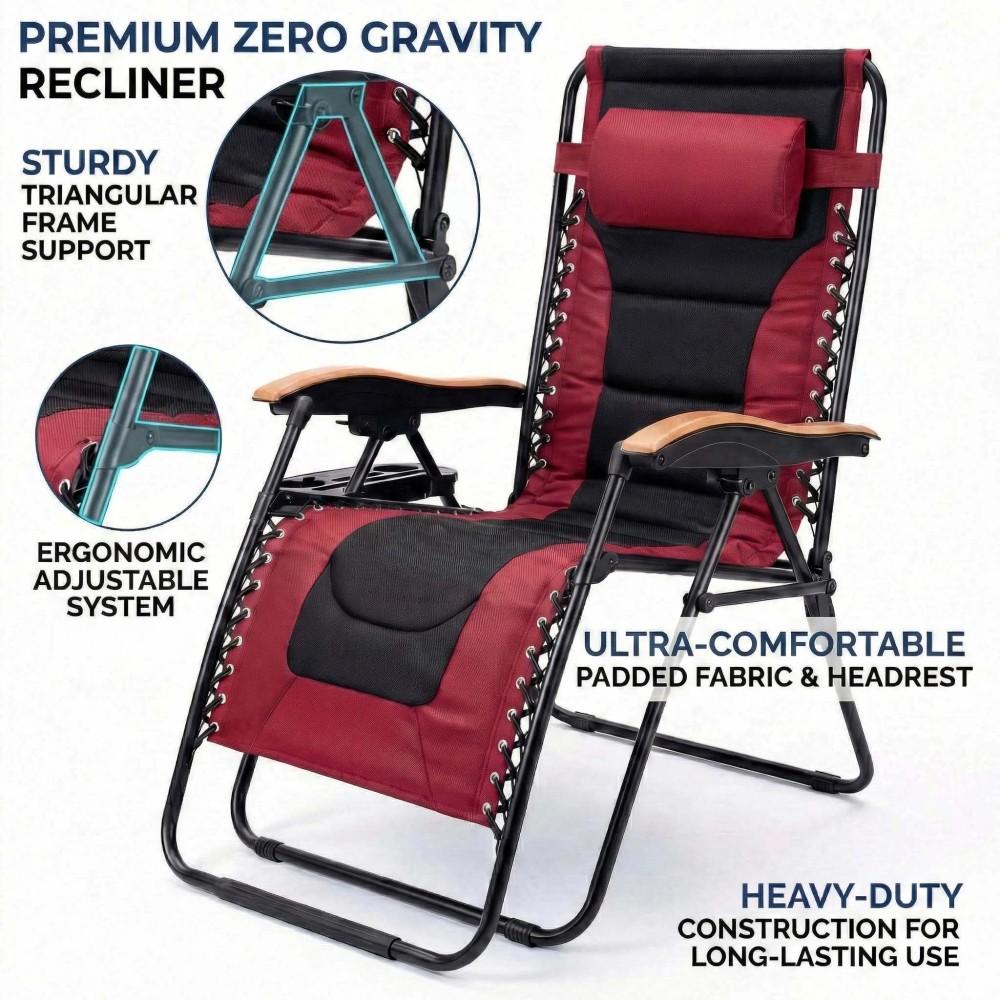 Oversized Padded Zero Gravity Chair, Foldable Patio Recliner, 30" Wide Seat Anti Gravity Lounger with Cup Holder, Support 400 LBS