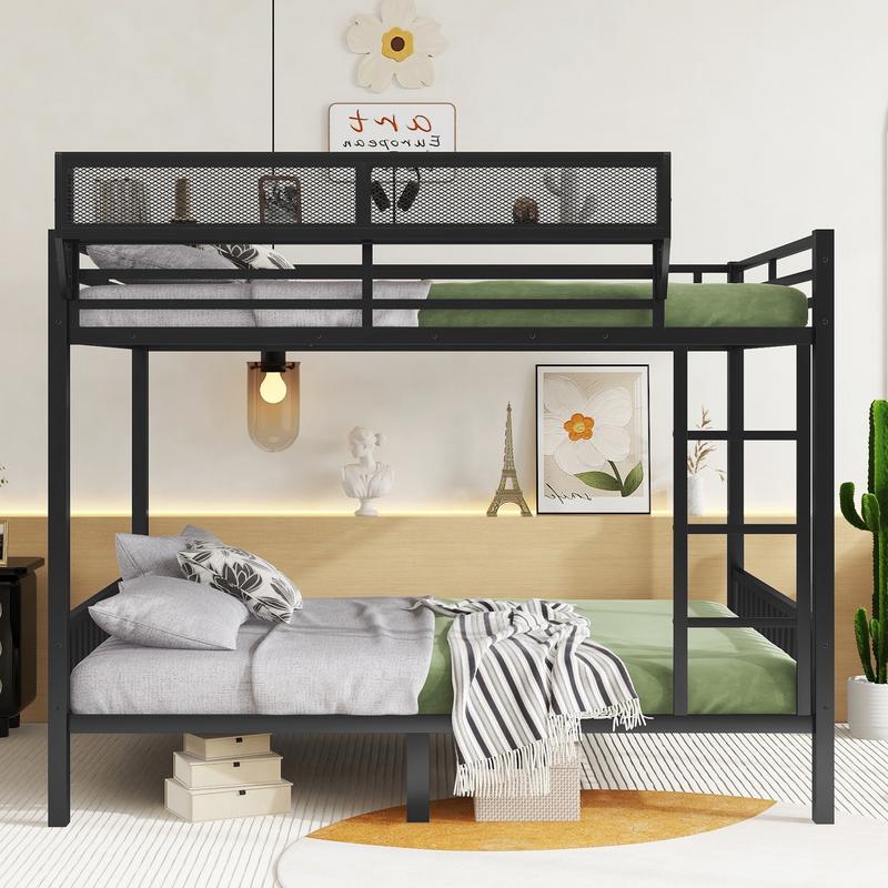 Queen Over Queen Bunk Beds Frame for Adults, Metal Bunk Bed Queen Size with Storage Shelf, Heavy-Duty Bunk Bed Frame with Ladder and Slats Support ,Space-Saving, Noise Reduced, Black