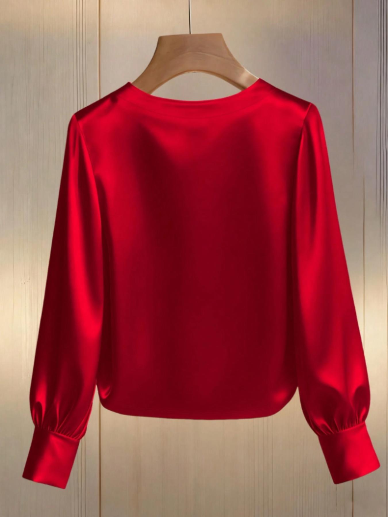 Women's Fashion Elegant Pearl Round Neck Plain Long Sleeve Simple T-Shirt Top, Casual Stylish Women's Clothing