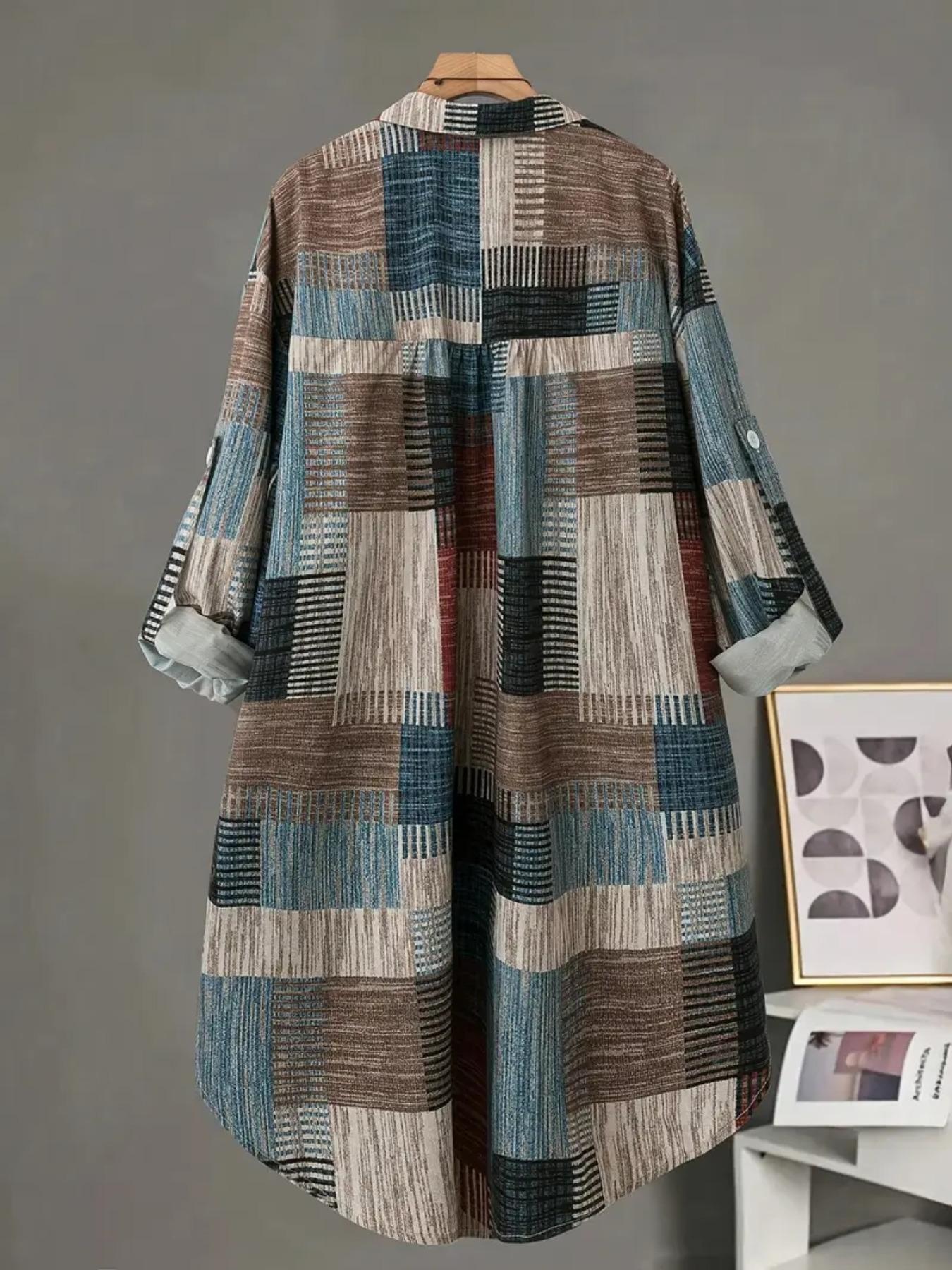 Plus Size Women's Plaid Print Long Sleeve Shirt, Casual Fitted Woven Fabric, Geometric Pattern, All Seasons Wear